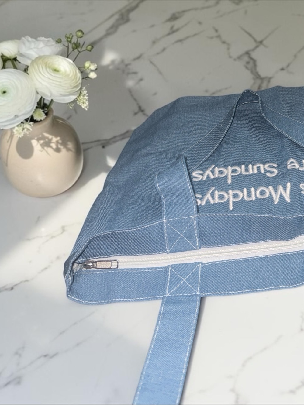 Blue Denim Zip Canvas Tote Bag - "Less Mondays More Sundays" NIP - Picture 3 of 4